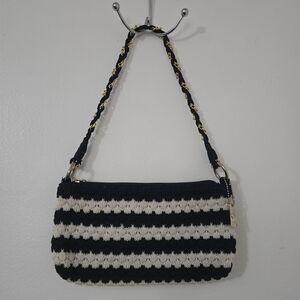 Lina Navy White Striped Crochet Knit Shoulder Bag Baguette Nautical Y2K